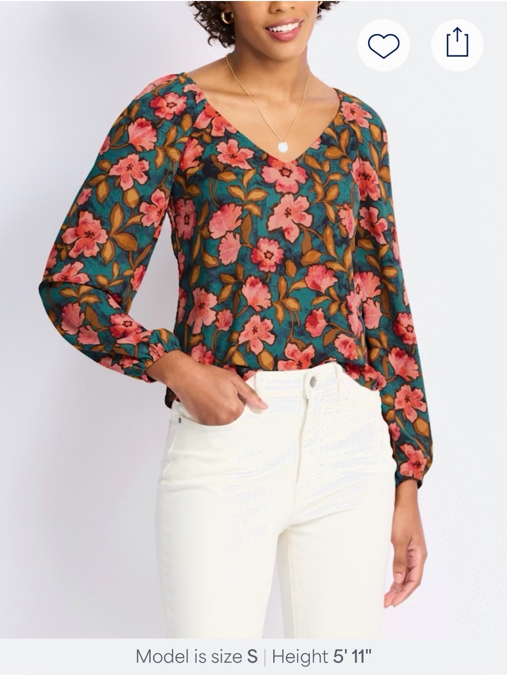 Floral V-Neck Blouse in Teal and Pink